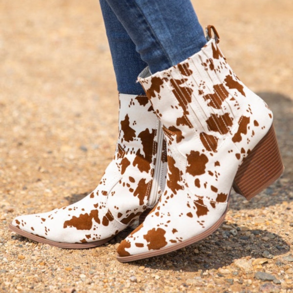 Brown & white cow print boots